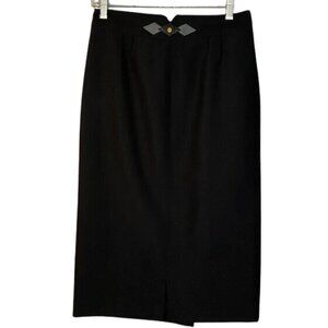 Vintage French Wool Pencil Skirt Black High Waist Leather Detail Sz S